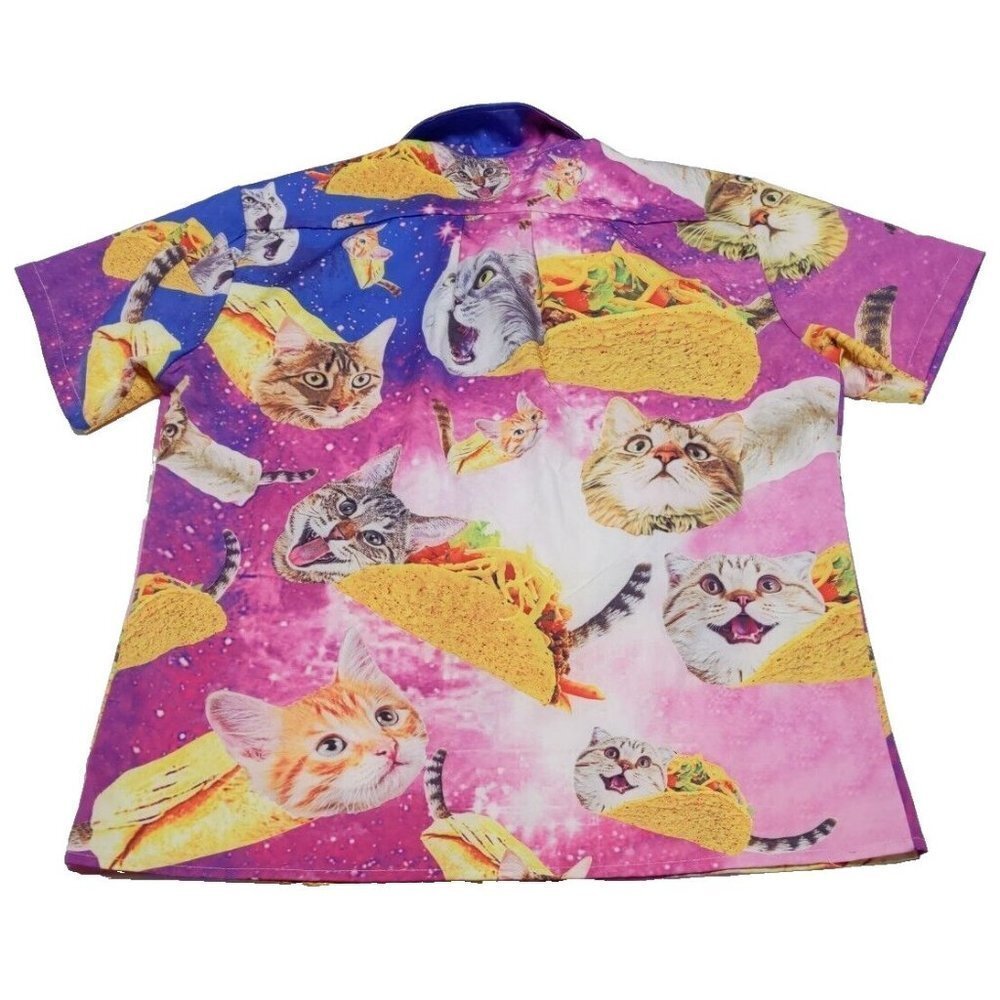 Novelty Cat & Taco Print Short Sleeve Button-Down Shirt - Pink/Blue - Picture 2 of 14